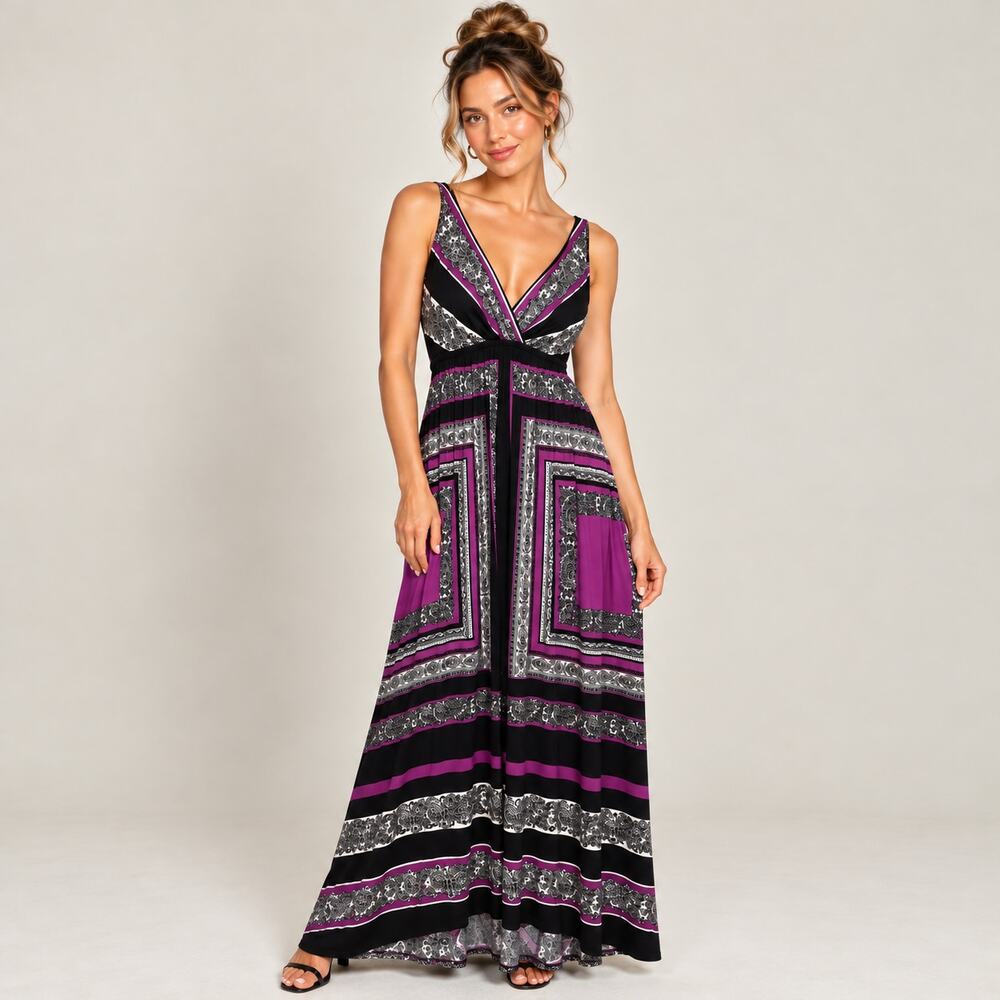 Soma Maxi Dress Women's Size L Black Purple Paisley Soft Resort Cruise Party
